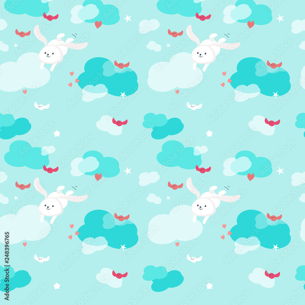 Vector seamless pattern with cute flying rabbits Vector seamless pattern with cute flying rabbits