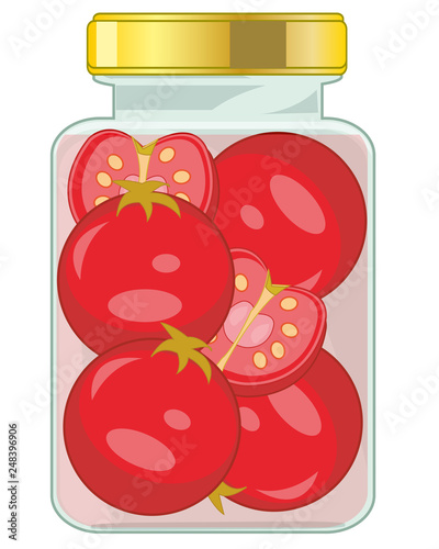 Glass bank with ripe tomato on white background