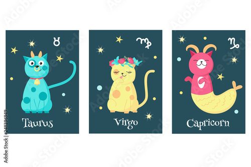 Vector set of cat astrology zodiac sign cards