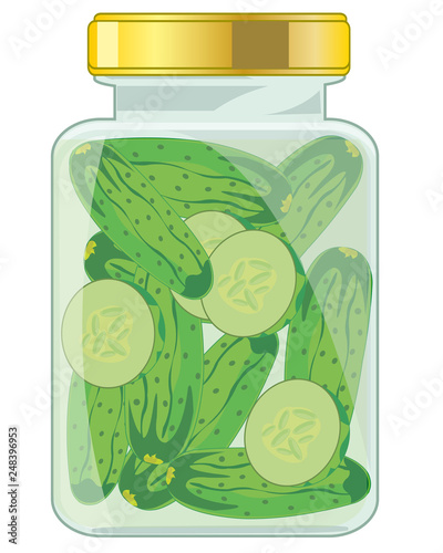 Glass bank with salty cucumber on white background