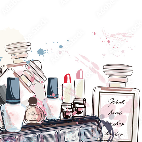 Fashion vector background with perfume bottles and cosmetics