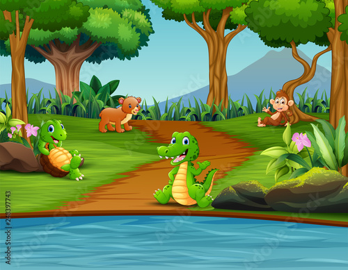 Happy different animal enjoying by the river