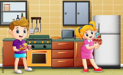 Cartoon boy and girl holding a foods in the kitchen