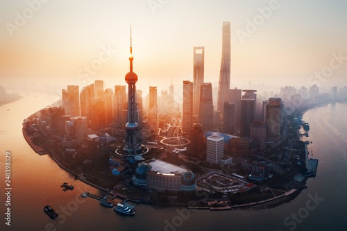 Shanghai city sunrise aerial view with Pudong business district photo