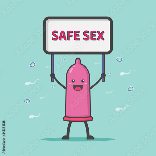 Illustration of cute and kawaii condom mascot character showing "SAFE SEX" label surrounded by sperm, disease, bacteria and virus. Contraceptive device and sexually transmitted infection concept