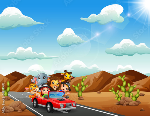 Cartoon kids driving a red car with wild animals through the desert