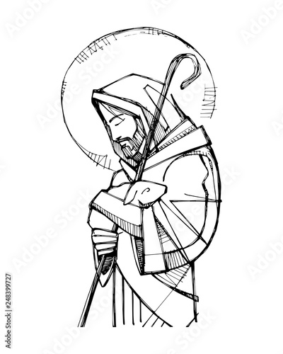 Jesus Christ Good Shepherd ink illustration