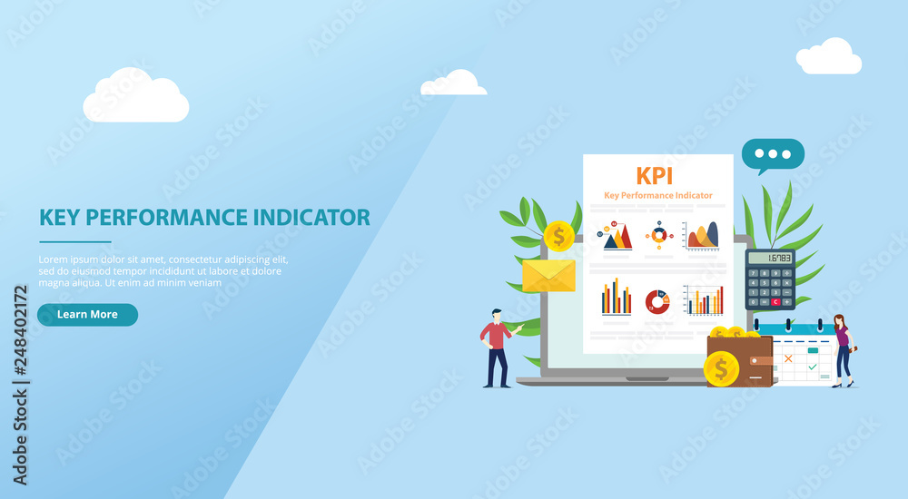 kpi key performance indicator concept website banner template with business report graphic and people team - vector