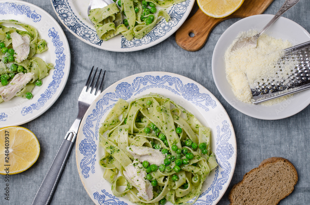 Fettuccine pasta with meat slices Fettuccine pasta with meat slices