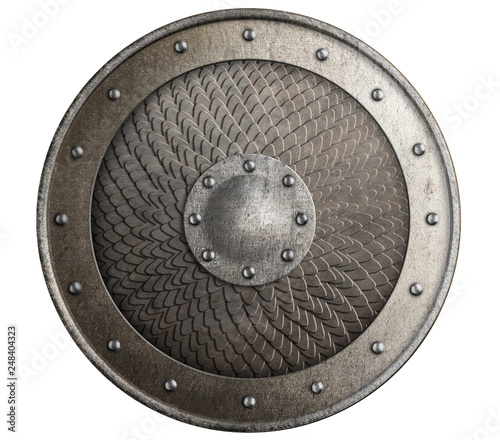 Round rustic metal shield covered by scales isolated 3d illustration