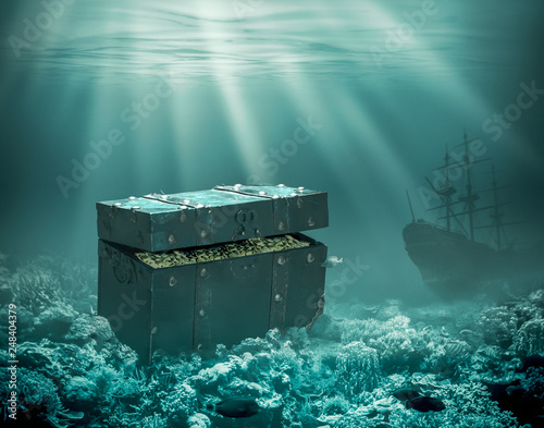 Treasures on the seabed. Sunken chest with gold and merchant ship under water 3d illustration photo
