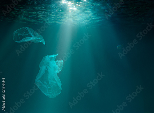 Sea or ocean underwater with plastic pollution.