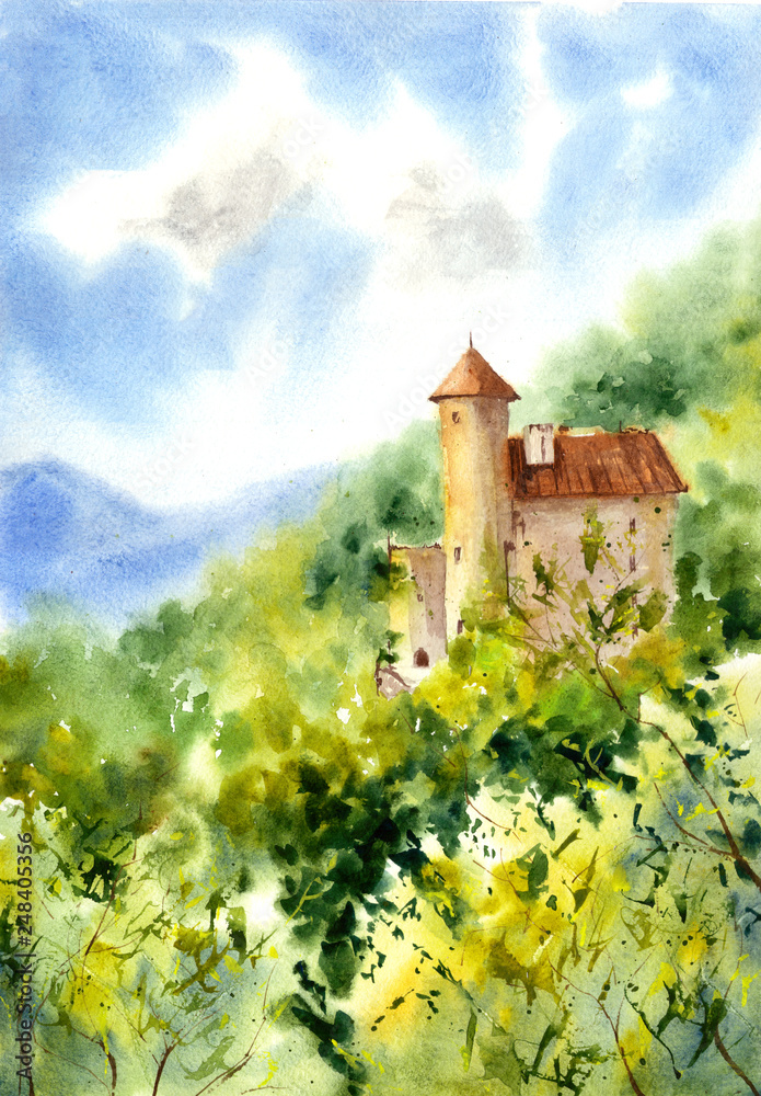 Old castle and forest. Watercolor illustration.