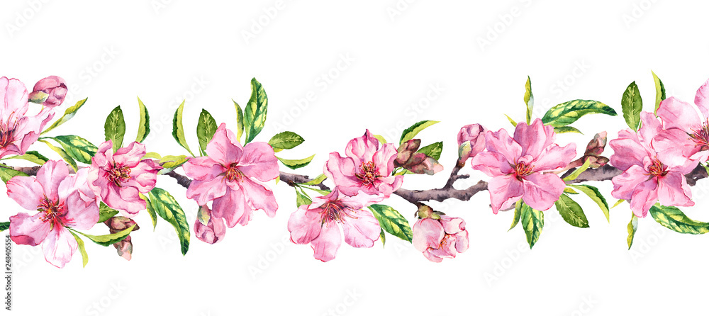 Apple, cherry pink flowers. Seamless floral stripe frame. Botanical watercolour painted border