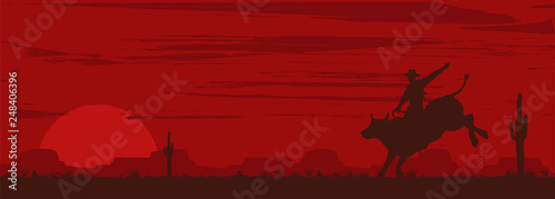 Silhouette of a cowboy riding bull at sunset, vector