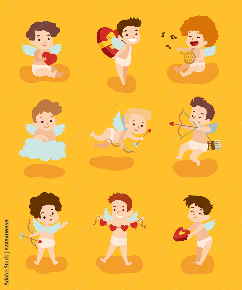 Set of cupid angels characters for valentine day design. Amur with arrows and gifts flying on a cloud, vector illustration