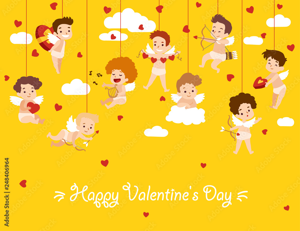 Happy Valentine Day card with hanging cupid angels. Vector illustration Happy Valentine Day card with hanging cupid angels. Vector illustration