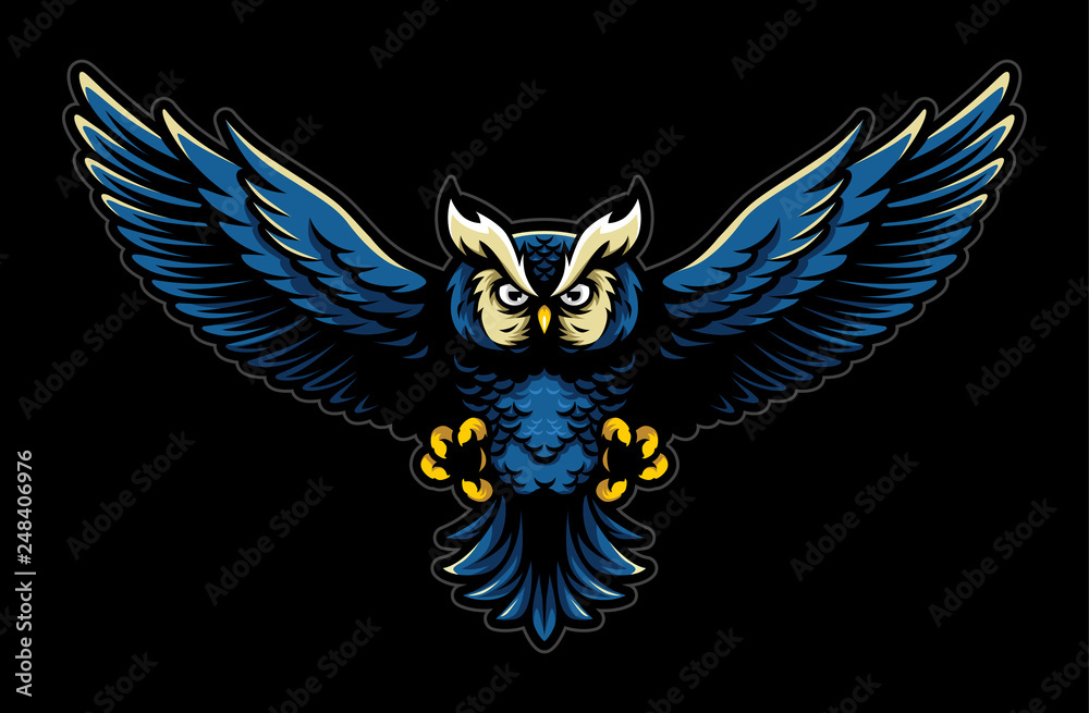 Obraz premium Flying Owl with Open Wings and Claws Logo Mascot in Sport Style