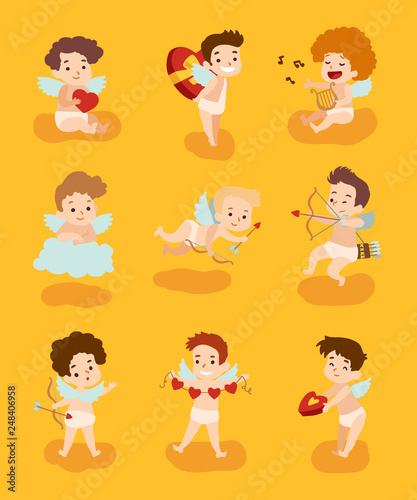 Set of cupid angels characters for valentine day design. Amur with arrows and gifts flying on a cloud  vector illustration