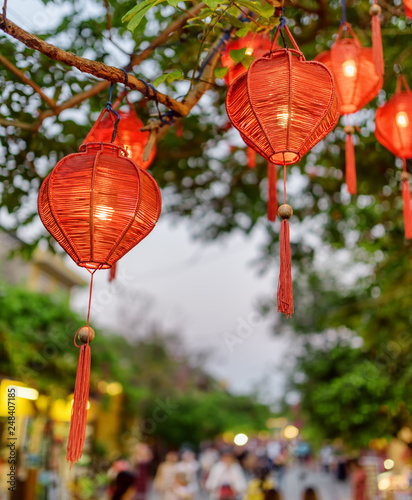Amazing evening view of green tree decorated with red lanterns