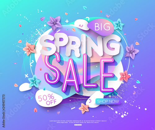 Spring sale banner layout. Abstract shapes. Cut paper style