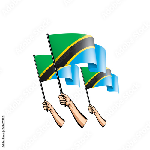 Tanzania flag and hand on white background. Vector illustration