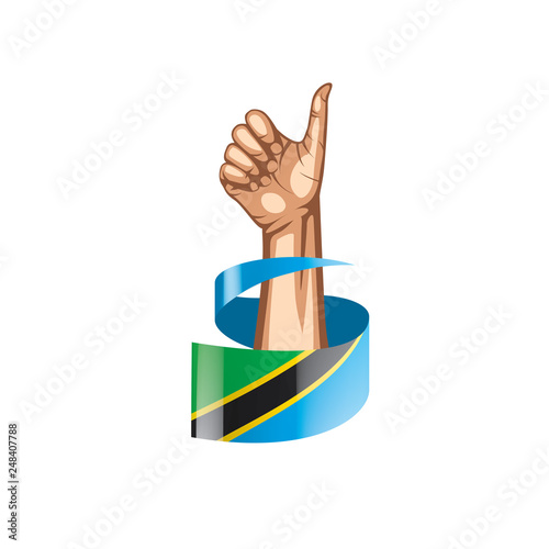 Tanzania flag and hand on white background. Vector illustration