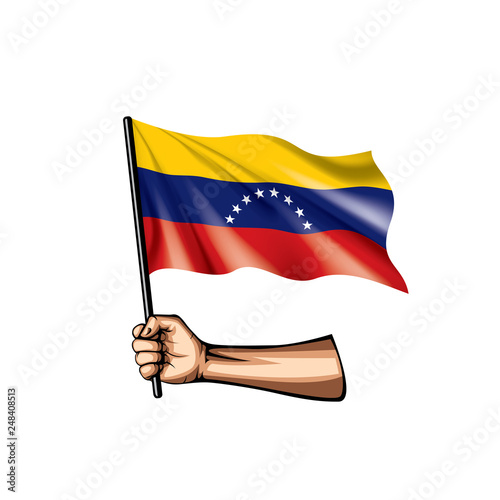 Venezuela flag and hand on white background. Vector illustration