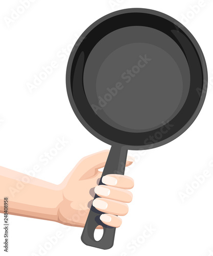 Hand holding empty black frying pan. Flat vector illustration isolated on white background
