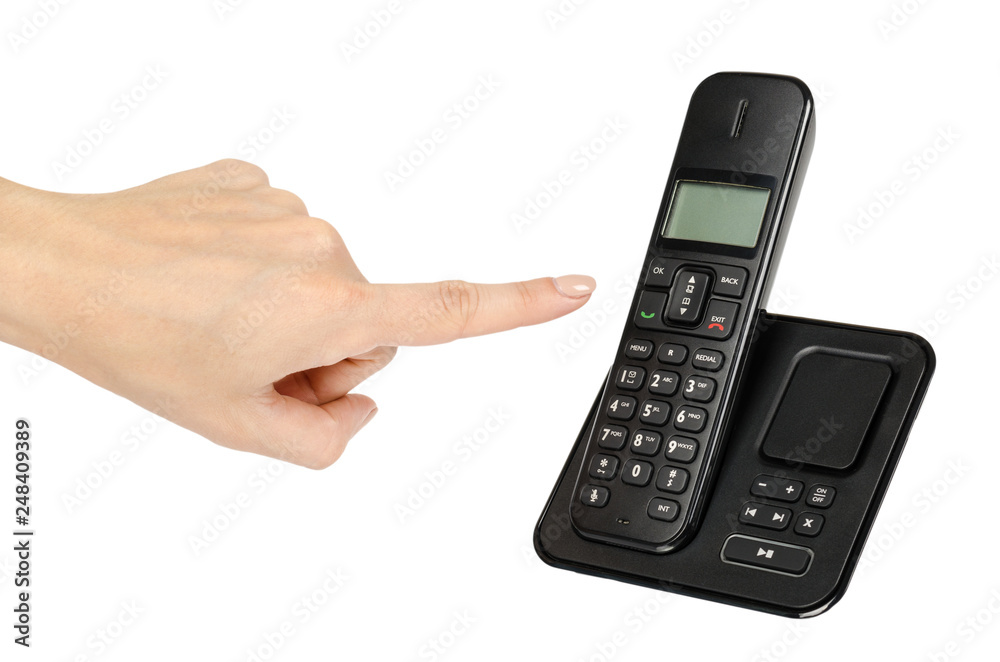 modern landline cordless phone with hand, old technology concept. modern landline cordless phone with hand, old technology concept.