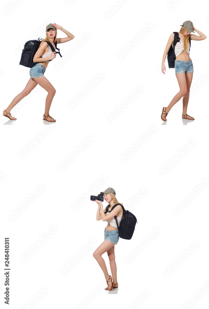 Beautiful woman in shorts with backpack and camera Beautiful woman in shorts with backpack and camera