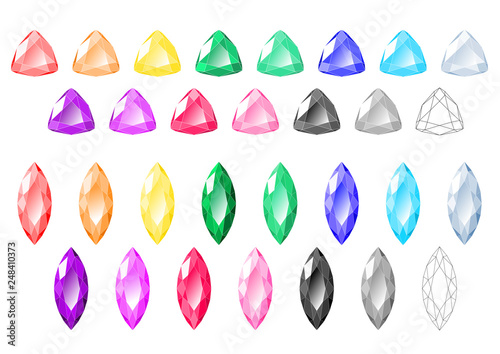 Cartoon-like multicolored trilliant, marquise cut diamonds and gemstones