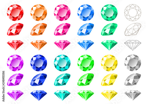 Cartoon-like multicolored round cut diamonds and gemstones, side, front, isometric view