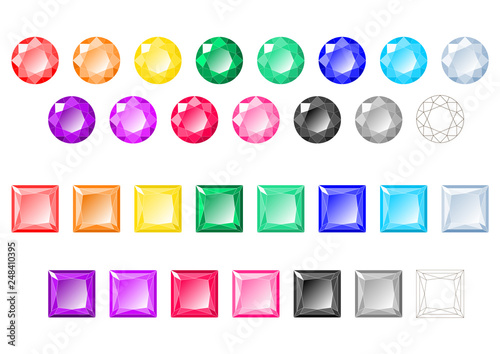 Cartoon-like multicolored round, princess cut diamonds and gemstones