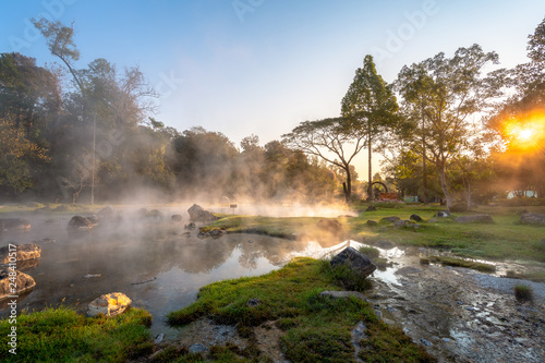 Morning fog over hot spring at Chae Sorn National Park, Lampang, Thailand