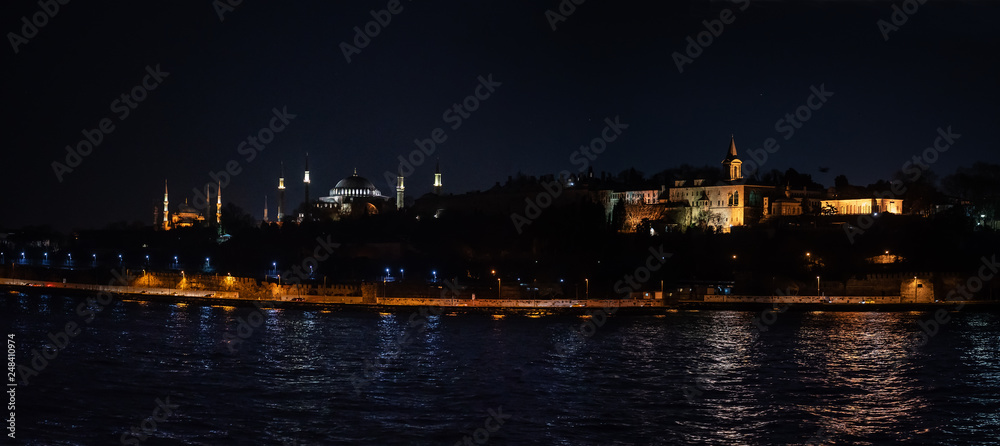 Hagia Sophia and Topkapi palace in night lighting