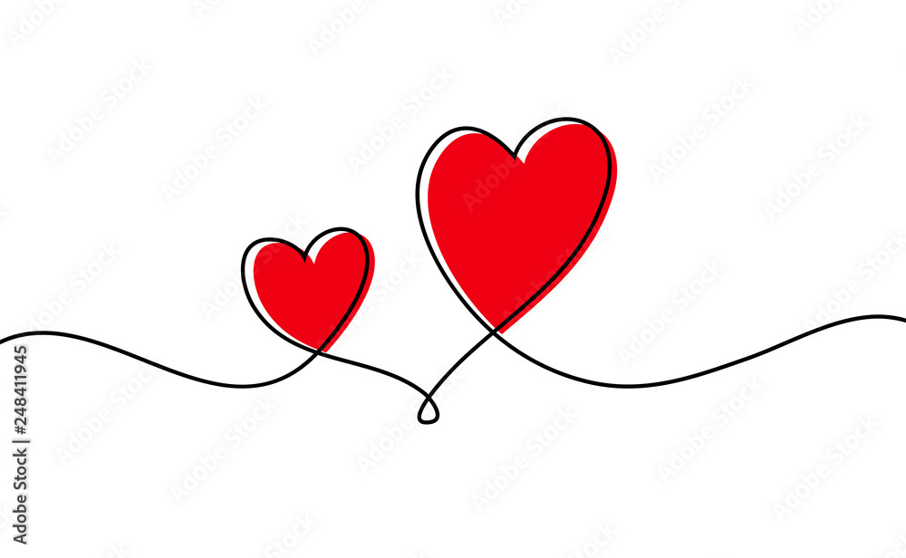 Continuous one line drawing of red heart isolated on white background. Vector illustration