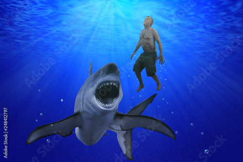 A man is swimming deep underwater in the ocean as a giant great white shark with open mouth with razor sharp teeth is preparing to attack him.