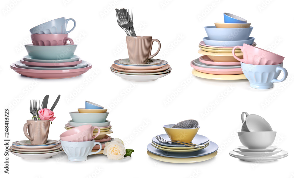 Different ceramic tableware with cutlery on white background Different ceramic tableware with cutlery on white background