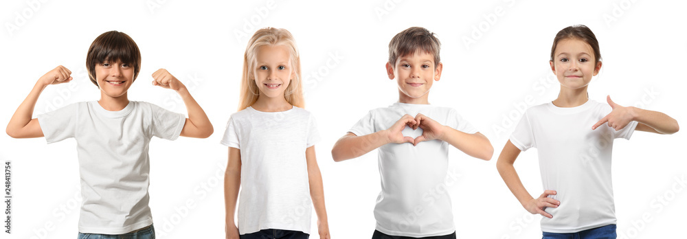 Cute children in clean t-shirts on white background - obrazy, fototapety, plakaty 