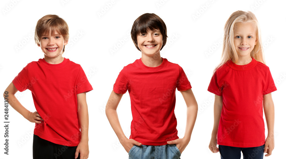 Cute children in red t-shirts on white background - obrazy, fototapety, plakaty 