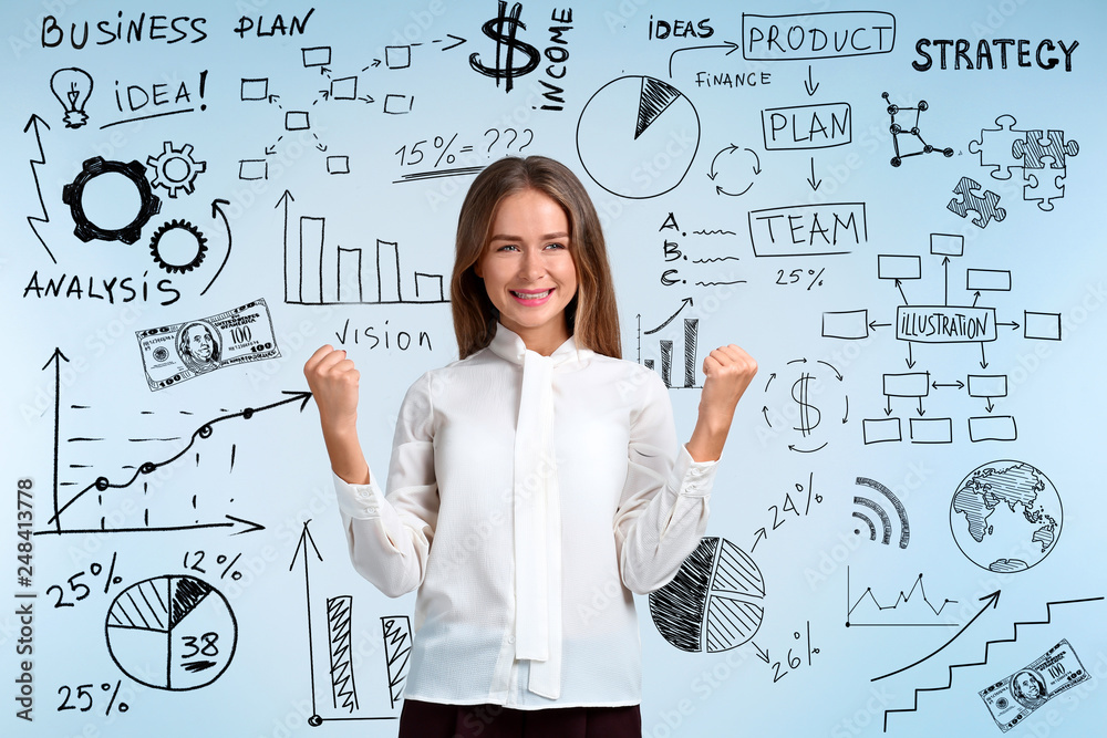 Happy successful woman with different drawn diagrams on light background Happy successful woman with different drawn diagrams on light background