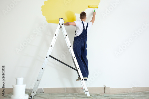 Male painter using roller f...