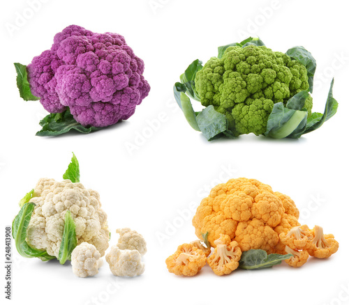 Different kinds of cauliflower cabbage on white background