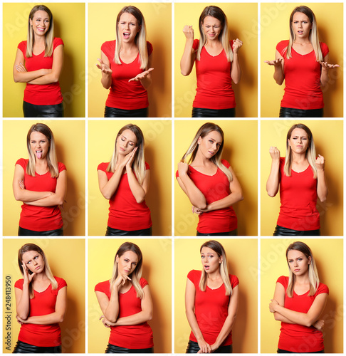 Beautiful young woman with different emotions on yellow background