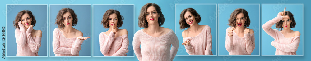 Beautiful woman with different emotions on color background - obrazy, fototapety, plakaty 