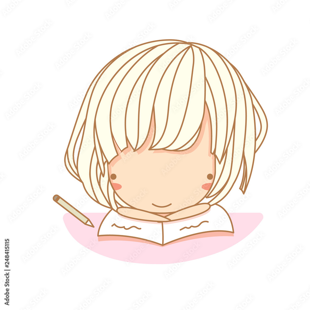 Cute little girl reading a book. Vector illustration, character design. Isolated with white background