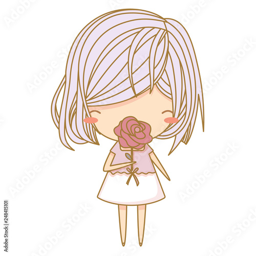 Cute little girl in purple dress sniffing rose flower. Vector illustration, character design. Isolated with white background