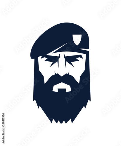 Mаn in beret with beard and mustache. Special Force logo.