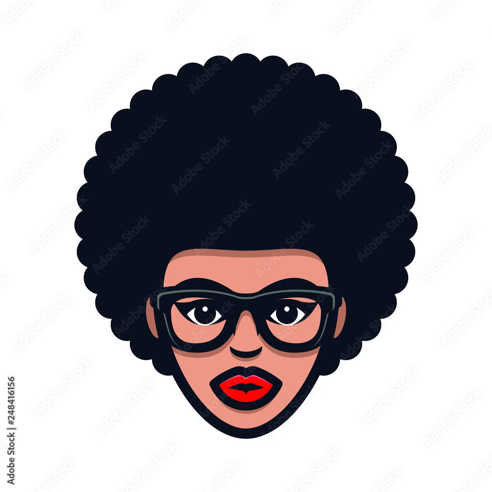 Funky woman in glasses with Afro hair. Curly girl head